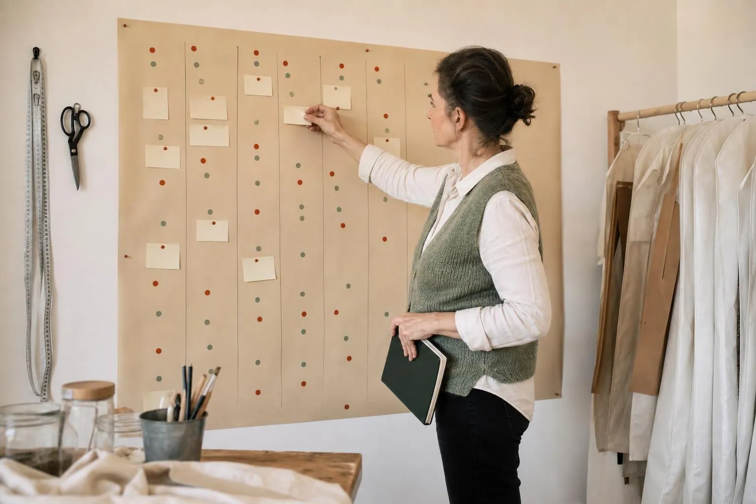 Couturière déplaçant une fiche cartonnée sur un planning mural en papier kraft rythmé par des colonnes, devant un portant de pièces sous housses