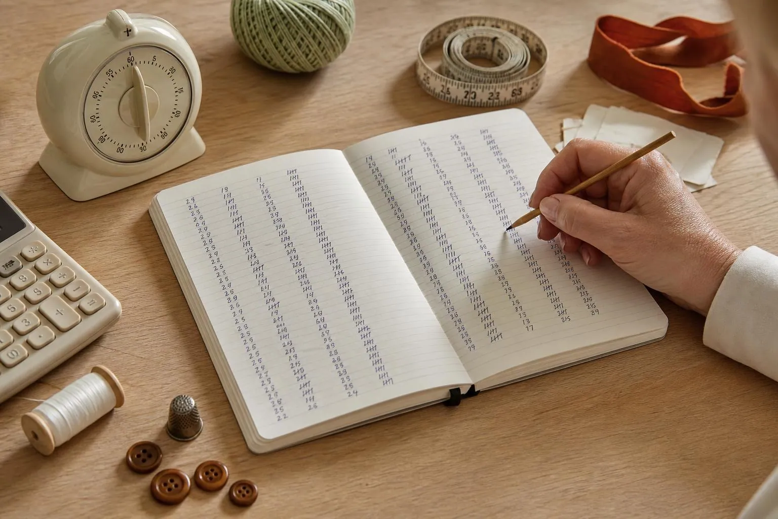 Carnet ouvert avec colonnes d’heures manuscrites, minuteur mécanique d’atelier, calculatrice et tickets de mercerie posés sur une table de couture