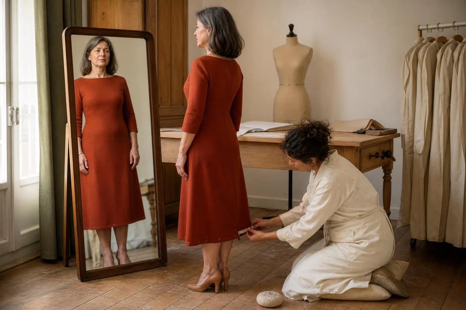 Cliente en robe de cérémonie presque terminée debout devant un miroir sur pied, couturière agenouillée réglant la hauteur d’ourlet avec une jauge