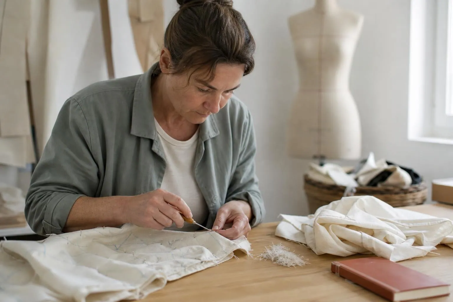 Couturière découd une couture sur une toile de coton écru posée à plat sur la table de coupe, une seconde toile abandonnée à côté