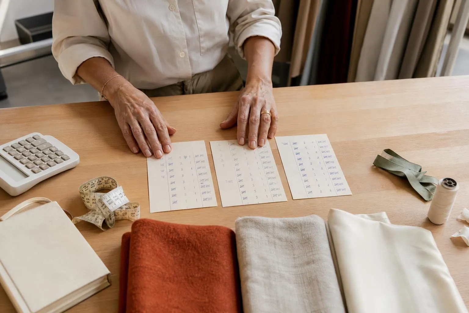 Mains d’une couturière alignant trois fiches cartonnées manuscrites sur une table, à côté d’une calculatrice de bureau, d’un mètre ruban et de coupons de tissu