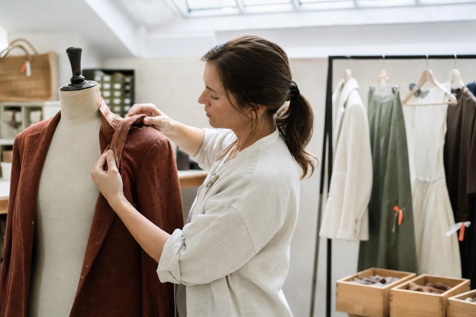 Couturière examinant l’épaule d’une veste de laine ancienne posée sur un mannequin, devant un portant de pièces apportées par des clientes et des bacs de chutes triées