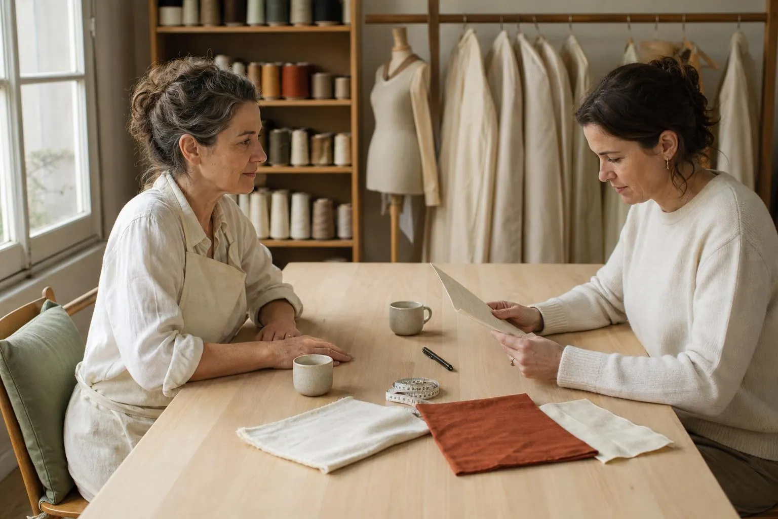 Couturière et cliente assises face à face à une table de coupe, la cliente relit un cahier de commande imprimé posé entre deux tasses et un mètre ruban