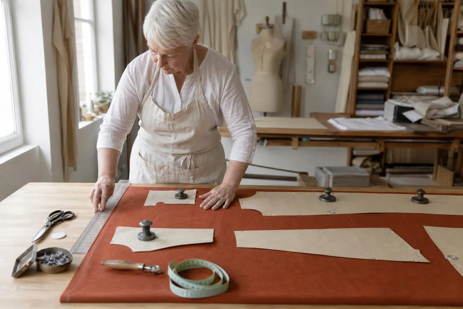 Table de coupe avec tissu de laine déplié, patron papier épinglé et poids de coupe, une couturière vérifiant le droit fil avec une règle de patronage