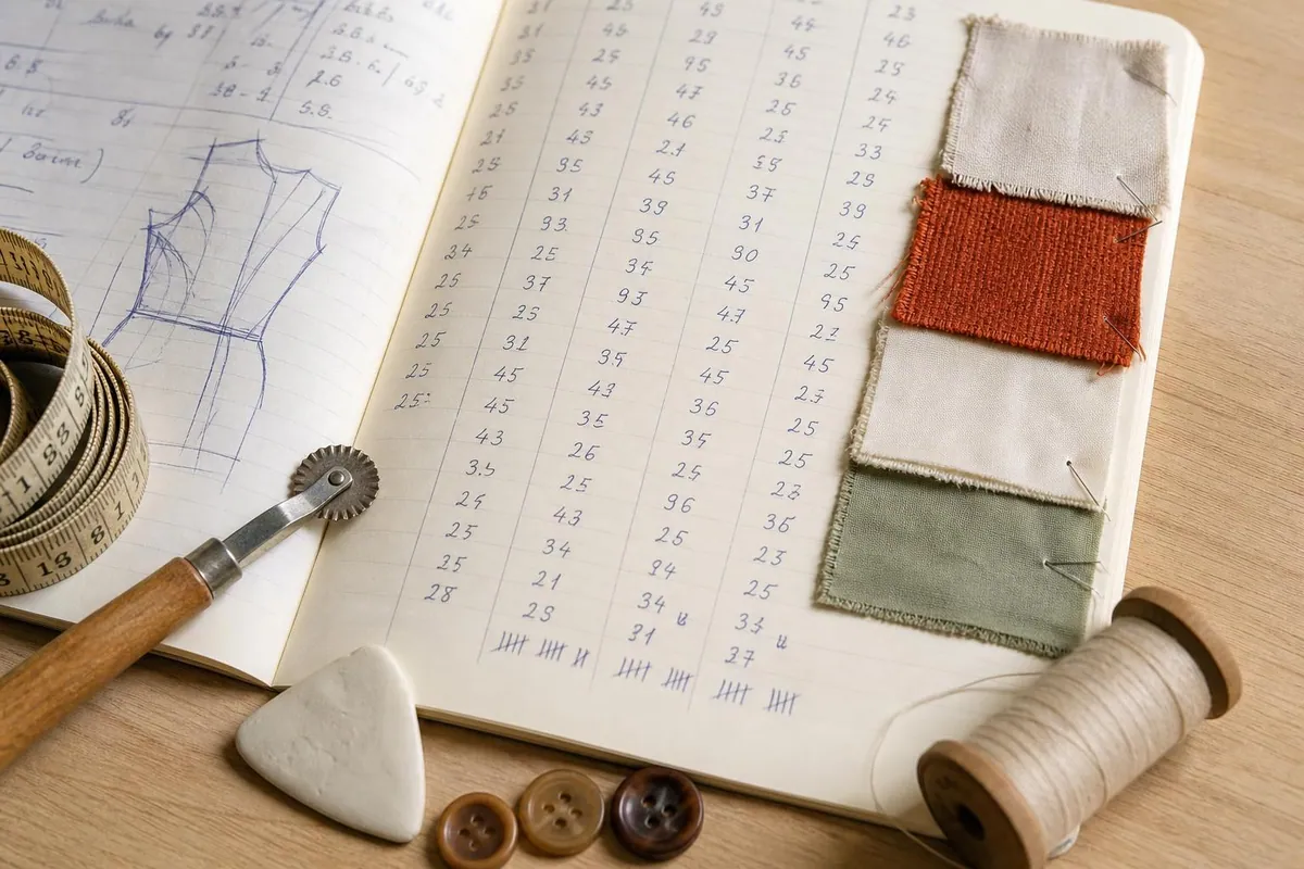 Gros plan d’un cahier de mesures manuscrit avec colonnes de chiffres, échantillons de tissu agrafés et mètre ruban jaune enroulé sur une table de bois