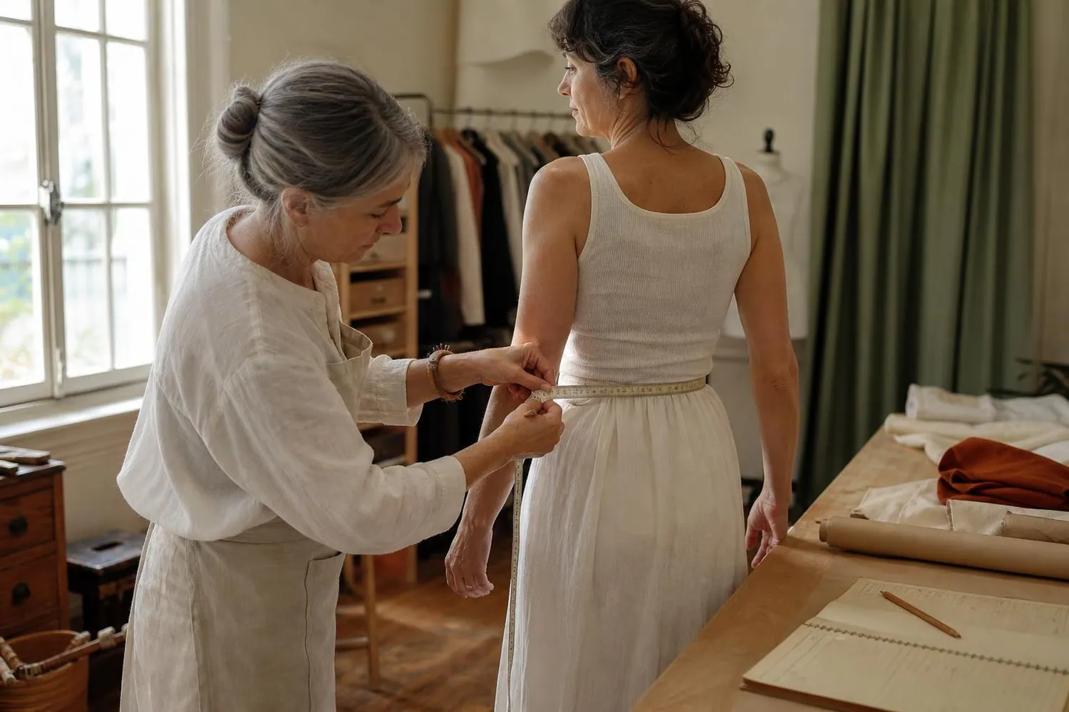 Couturière en tablier de lin mesurant le tour de taille d’une cliente debout dans un atelier clair, cahier de mesures ouvert sur la table de coupe