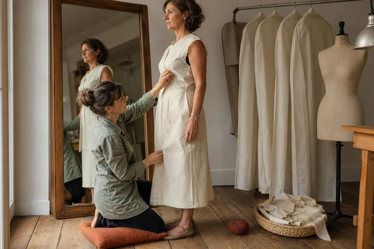 Essayage de toile de coton écru épinglée sur une cliente devant un miroir sur pied, la couturière ajuste une pince à genoux